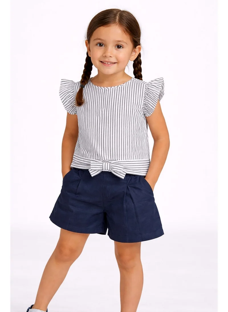فكتور اند جين Girls’ Woven 2-Piece Set – Striped Frill Sleeve Top & Navy Shorts